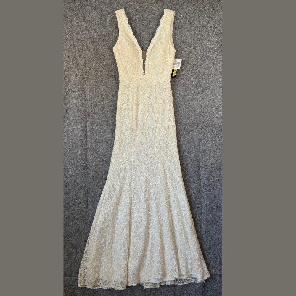 Xscape Mermaid Lace Wedding Dress Size 2 Ivory Sheath Plunging Fit Flare Trumpet - Picture 2 of 16
